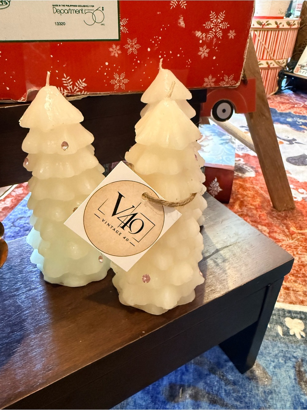 Vintage Cream Tree Shaped Holiday Candles with Crystal Accents
